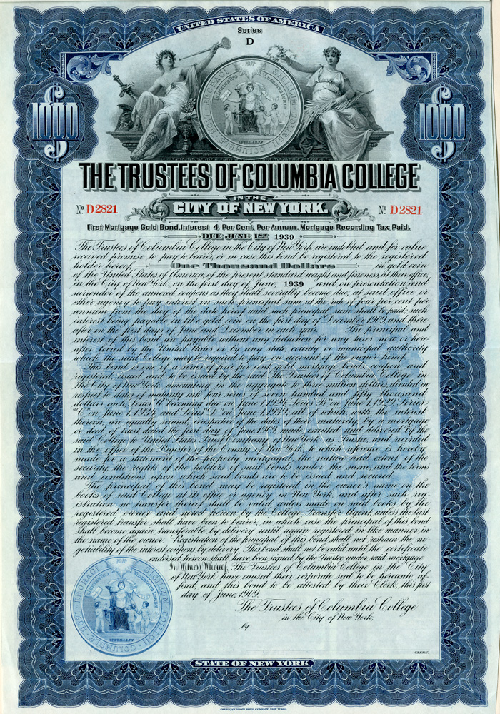 Trustees of Columbia College - 1909 dated $1,000 Collegiate Bond